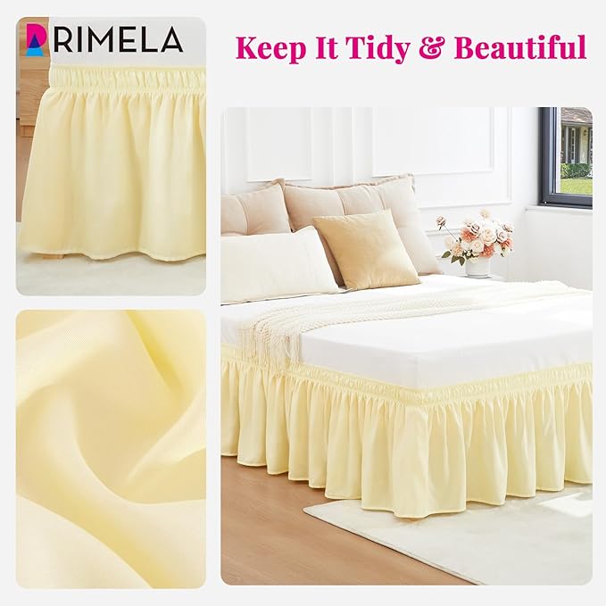 RIMELA Bed Skirt Queen Size 15 Inch Drop, Wrap Around Elastic Bedskirt Solid Microfiber Luxury Hotel Quality Fabric, Easy to Install Machine Washable Wrinkle & Fade Resistant, Light Yellow