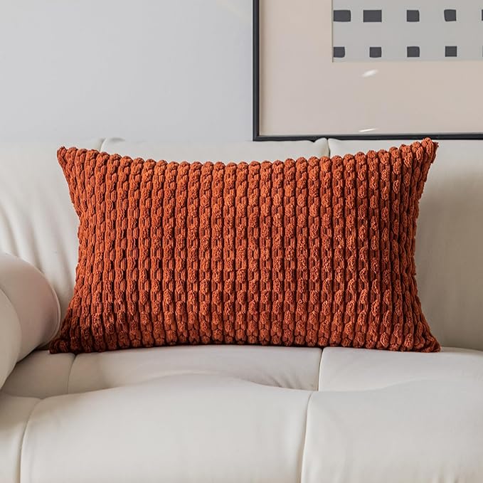 Kevin Textile Fall 12x20 Inch Pillow Cover 1 Pack Boho Decorative Soft Striped Corduroy Lumbar Farmhouse Solid Color Accent Rectangle Cushion Case for Living Room Couch Sofa Bed, Burnt Brick