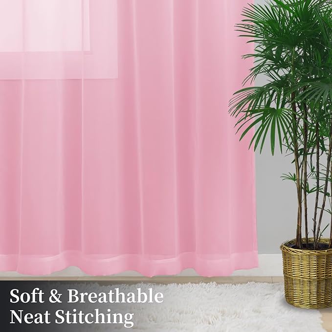 Sheer Curtains 45 Inches Long 2 Panels, Rod Pocket Short Curtain for Kitchen, Bedroom, Cafe Window(Pink 38" W x 45" L)
