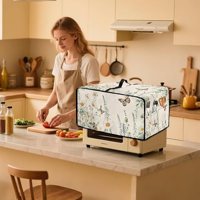 Butterfly Daisy Floral Print Microwave Oven Dust Cover Dust-Proof Heavy Duty Microwave Oven Cover with Storage Pockets Waterproof Decor Accessories for Kitchen, L