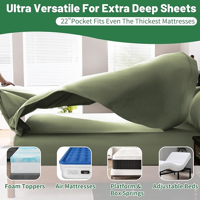 Extra Deep Pocket King Sheets 18-24 Inch 1000 Thread Count 100% Egyptian Cotton Sateen Weave Soft Breathable 4 Pieces（King，Olive Green）