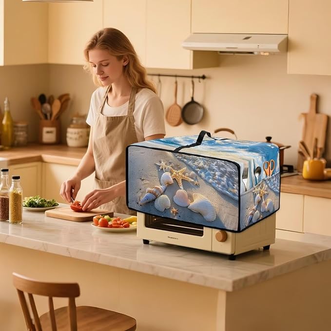 Air Fryer Toaster Oven Cover, Dust-Proof Small Kitchen Appliance Cover with Pockets, Kitchen Baking Accessories, S, 14.5 x 18.5 x 9 Inches, Beach Sea Shell Whelk Print