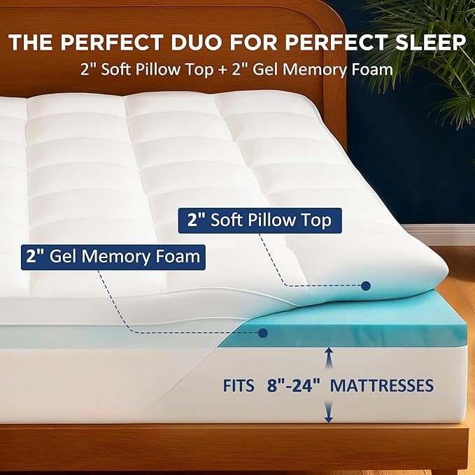 Queen Size Dual Layer 4 Inch Memory Foam Mattress Topper, 2 Inch Cooling Gel Memory Foam and 2 Inch Washable Soft Pillow Top Mattress Pad Cover, 8-24 Inch Deep Pocket, Medium Firm Support