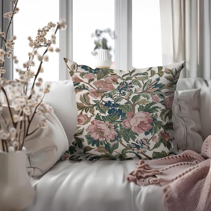 Vintage Floral Throw Pillow Covers, Vintage Flower Pattern Double Sided Cushion Cover, Indoor and Outdoor Home Art Decor Pillowcase for Sofa or Bedroom Decor 18x18inches (Green&Pink, 18x18inches)