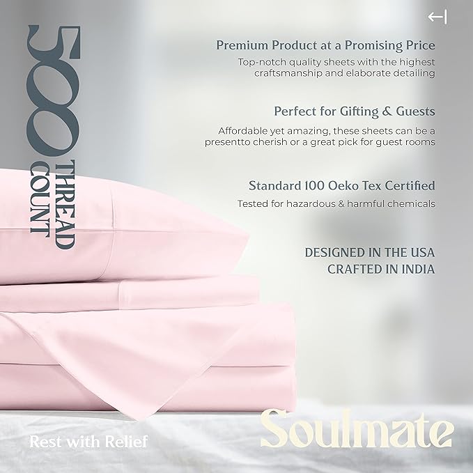 Mayfair Linen 500 Thread Count Twin Cotton Sheets - 3 PC Twin Size Bed Sheet Set Cotton (Blush), Soft, Cooling, Sateen Hotel-Quality 16" Deep Pocket Bedsheet for Hot Sleepers (Fits 18" Mattress)