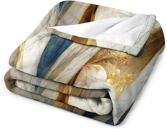 Abstract Marble Blanket, Modern Luxury Baroque Golden Blue White Stone Veins Pattern Soft Warm Cozy Plush Flannel Covers for Livingroom Bedroom Couch Chair Camping Travel Home Decor Tapestry 50x60in