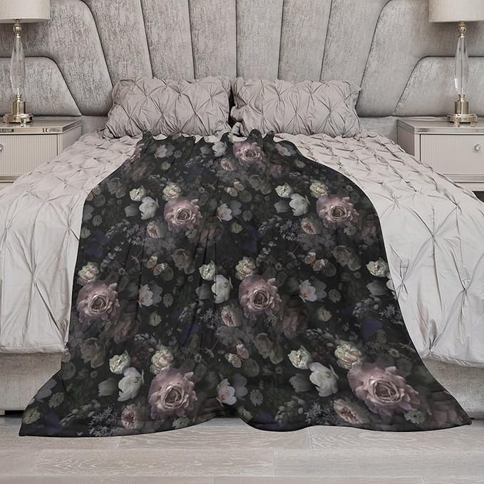 Vintage Gothic Floral Blanket, Black Pink Flower Rose Black Garden Roses Blooming Boho Throw Blankets for Home Bedding Couch Decor, 50"x60"