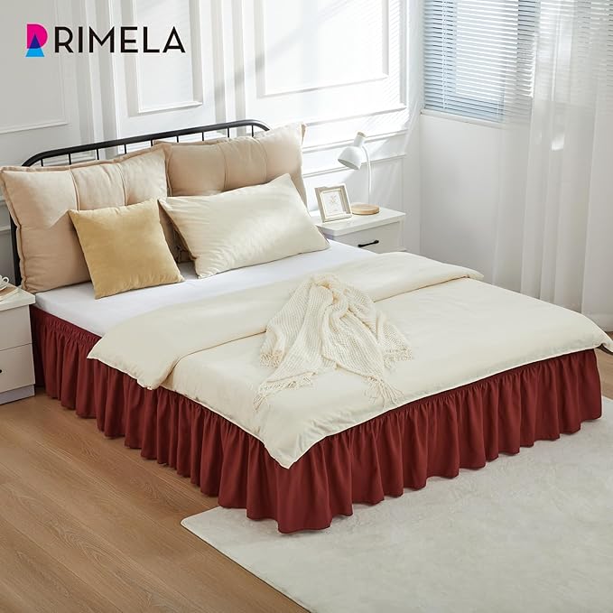 RIMELA Wine Red Bed Skirt King Size 15 Inch Drop, Elastic Bed Skirting for Bed Base and Frame, Bedding Dust Ruffle, Lightweight Wrap Around Adjustable Bedskirt, Cal King, Christmas Bedroom Decor