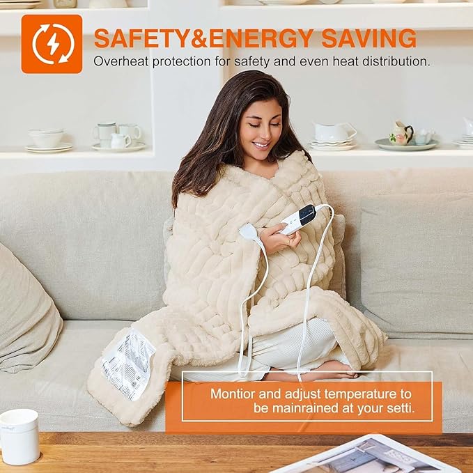 Electric Blanket, Soft Stripe Heated Blanket with 6 Heating Levels & 10 Hours Auto Shut Off with Fast Heating, Machine Washable, Khaki, 90 x 100 Inch