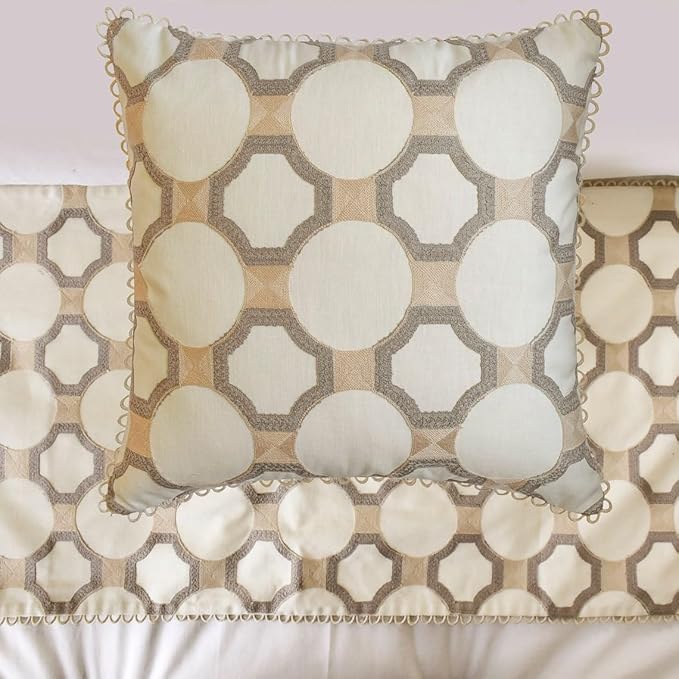 The HomeCentric King/Queen/Twin White, Beige & Grey Decorative Queen 74"x18" Bed Runner Without Pillow Cover, Embroidered, Bouclet & Lace Bed Scarf on Cotton Fabric - Threaded Geometry