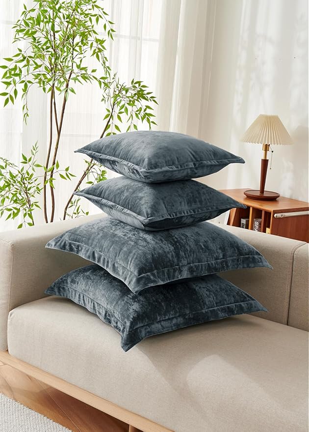 Luxurious Velvet Euro Shams Decorative Throw Pillow Covers 26x26 Set of 2 Solid Square Euro Pillow Shams for Sofa Couch Bedroom, Blue Gray