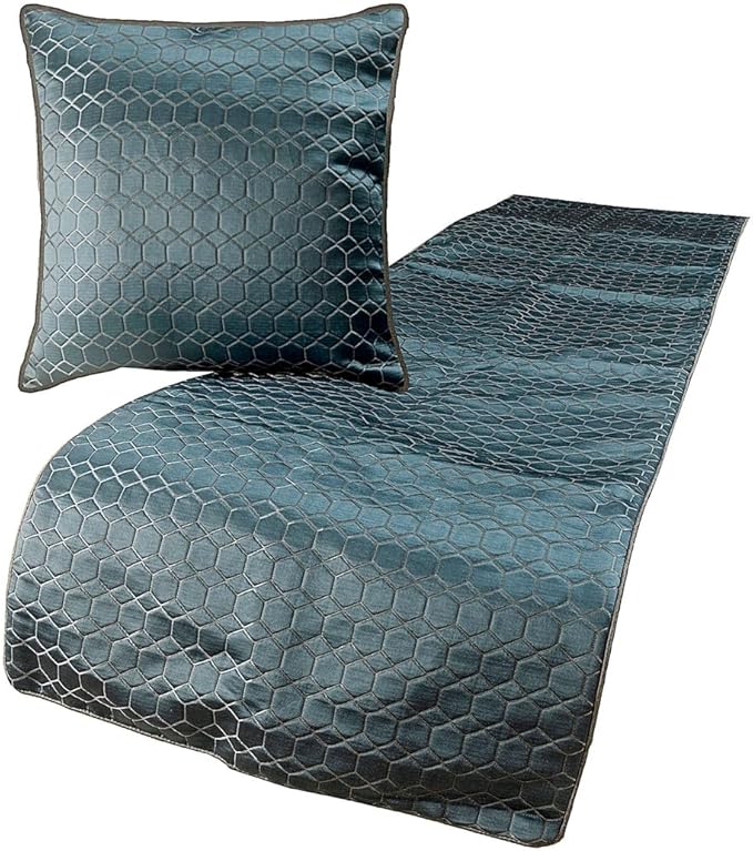 The HomeCentric King Queen Twin Blue Decorative CA King 86"x18" Bed Runner with 2 Pillow Cover, Hexagon Pattern Bed Scarf on Jacquard Fabric - Hexagon Lagoon
