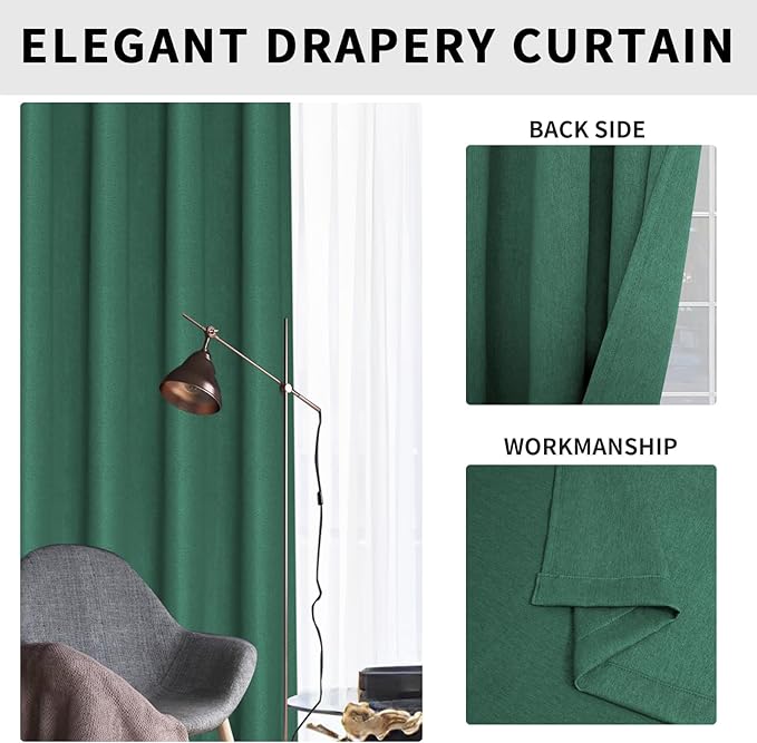 Easy-Going Linen Look Blackout Curtain Grommet Window Curtain Drapes for Bedroom, Living Room Thermal Insulated Room Darkening (2 Panels, 52x108 inch, Green)