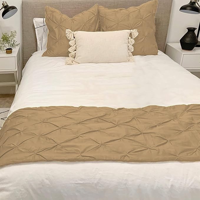 Bed Runner Set - 100% Pure Cotton 800 Thread Count - Luxury 1 Pinch Pleated Bed Runner and 2 Pillow Cover - 3 Piece Pinch Pleated Bed Runner Set Queen, Taupe