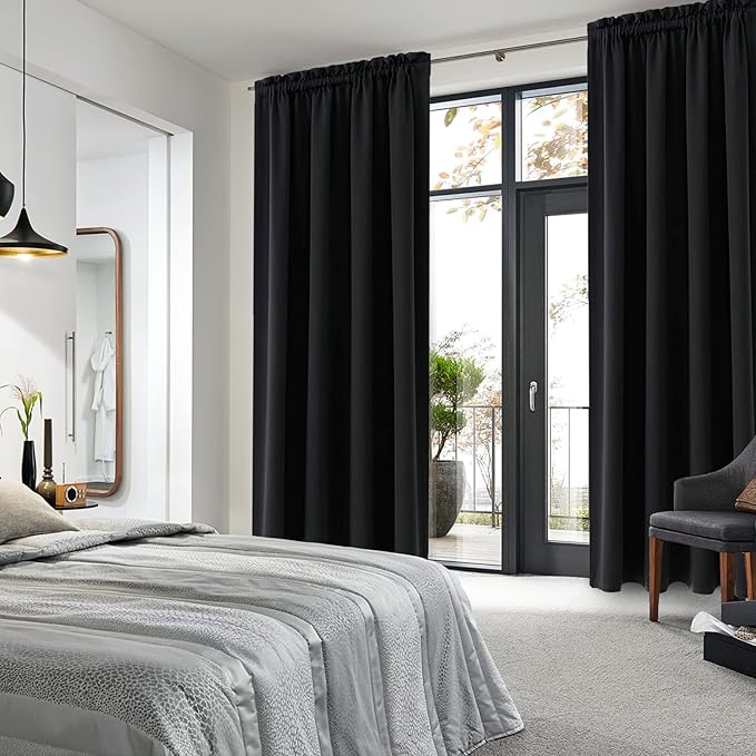 DWCN Blackout Curtains Room Darkening Thermal Insulated Bedroom Curtains Window Curtain Panels, 52 x 84 inches Long, Set of 2 Black Rod Pocket Drapes