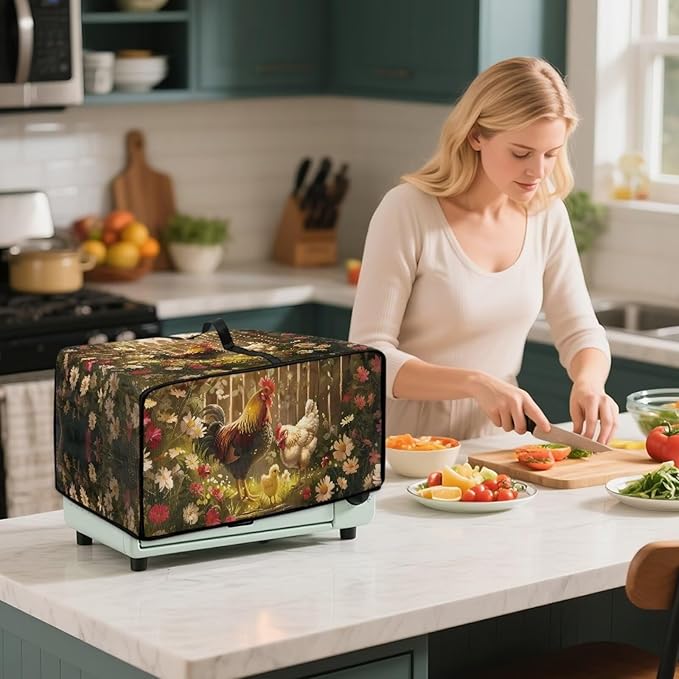 Air Fryer Toaster Oven Dust Cover with Side Pockets, Protective Countertop Microwave Oven Cover for Home Indoor Decor, L, 18.5 x 22.5 x 13 Inches, Rooster Chicken Daisy Print