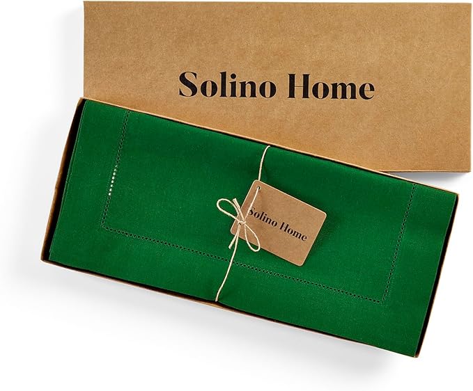 Solino Home Linen Table Runner 48 Inches - 100% Pure Linen Garden Green Hemstitch Table Runner 14 x 48 Inch Ideal for Dresser and Coffee Tables - Classic Hemstitch - Christmas, Winter, New Year