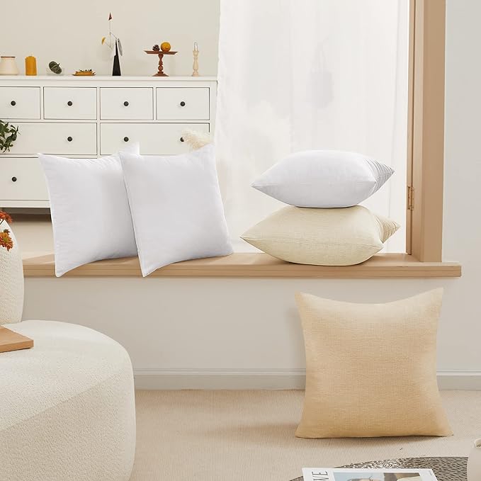 Deconovo Decorative Throw Pillow Covers（Covers ONLY, No Inserts）- Set of 4 Soft Linen Cushion Covers, 18x18 Inch, Green & Machine Washable Pillowcases for Sofa, Bedroom, Living Room Décor, White