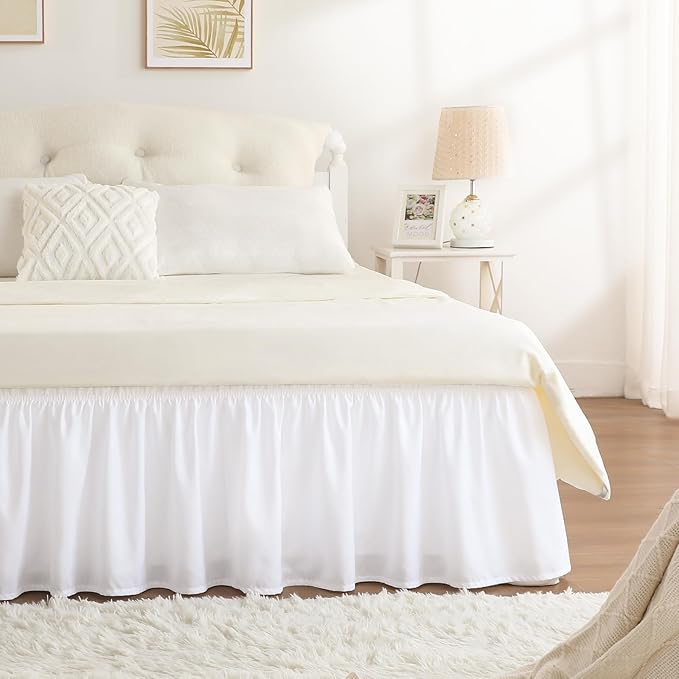 RIMELA White Bed Skirt Twin Size 12 Inch Drop, Elastic Bed Skirting for Bed Base and Frame, Bedding Dust Ruffle Easy to Install, Lightweight Wrap Around Adjustable Bedskirt