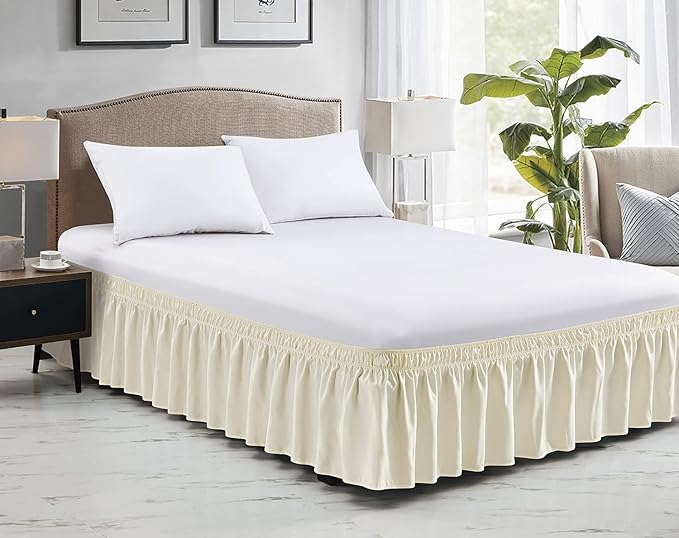 Ivory Wrap Around Bed Skirts with 16" Drop - Three Sides Fabric Adjustable Elastic Dust Ruffle Silky Soft -600 TC Stretchy Bed Skirt-Twin XL(39"X 80") Ivory
