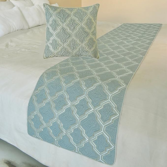 The HomeCentric King/Queen/Twin Light Blue Decorative Bed Runner King 90"x18" Bed Runner with Two Pillow Cover, Quiled, Embroidery Bed Scarf on Jacquard Fabric - Estelle