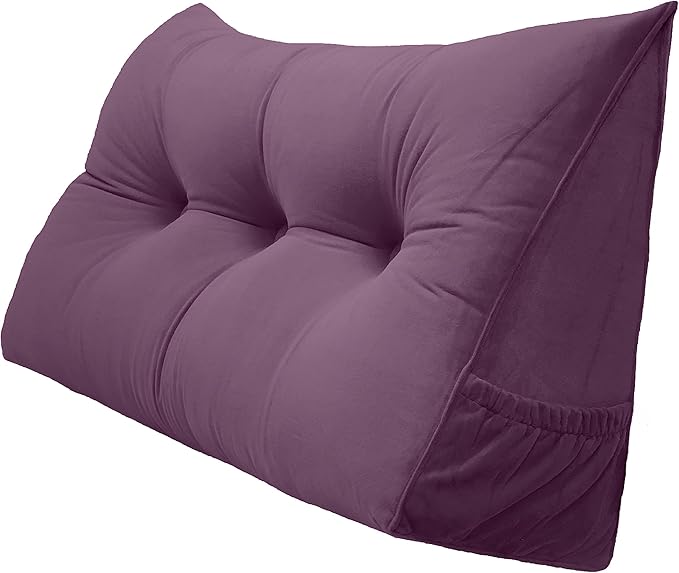 Triangular Reading Bed Rest Pillow Large Bolster Cushion Headboard Backrest Wedge Pillow with Removable Cover and Two Large Side Pockets (Dark Purple, Twin: 39 x 8 x 20 inches)