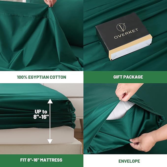 Egyptian Cotton Sheets Full Size 4PCS 1000 Thread Count Sateen Weave Soft Breathable 16-Inch Deep Pocket （Full,Dark Green）