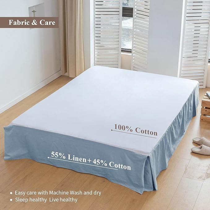 BISELINA French Linen Bed Skirt with Pleated Corner 22-Inch Tailored Drop Natural Flax Cotton Blend Basic Dust Ruffle Soft Cozy Farmhouse Bedding (22" King, Basic Dusty Blue)