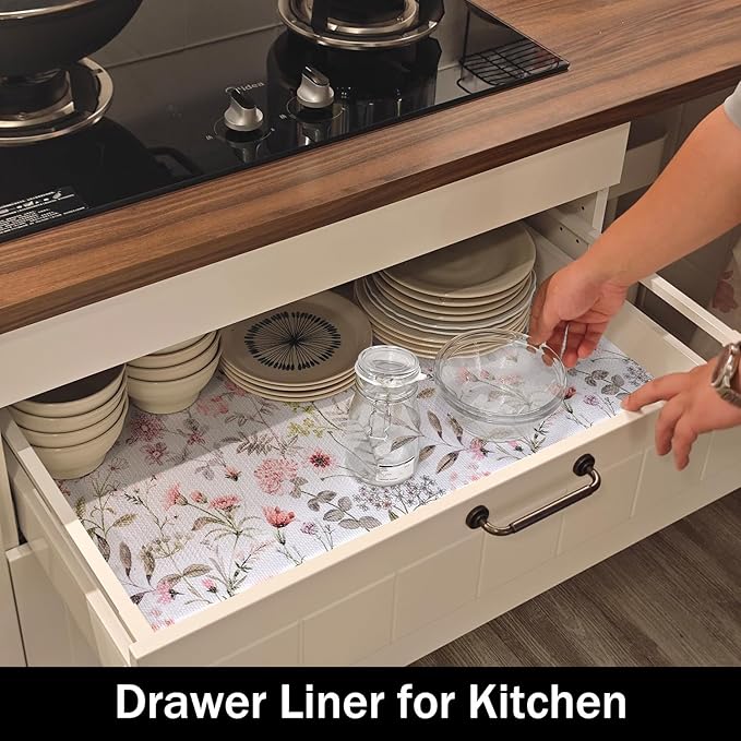 Leaf Floral Shelf Liners Non Adhesive and Strong Non-Slip Shelf and Drawer Liners for Kitchen Cabinet Wire Fridge, Waterproof Shelf Drawer Liner,Easy to Clean,12IN x 10FT