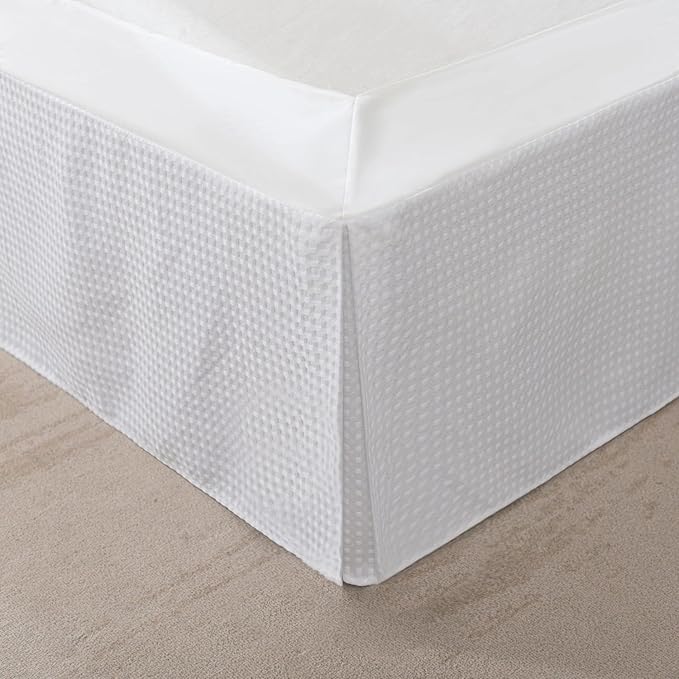 Full Bed Skirt, Wrap Around Bed Skirt with Pleated Corner, 16 Inch Drop Pleated Waffle Weave Bedskirts, Anti-Slip, Microfiber, White, 16'' Full