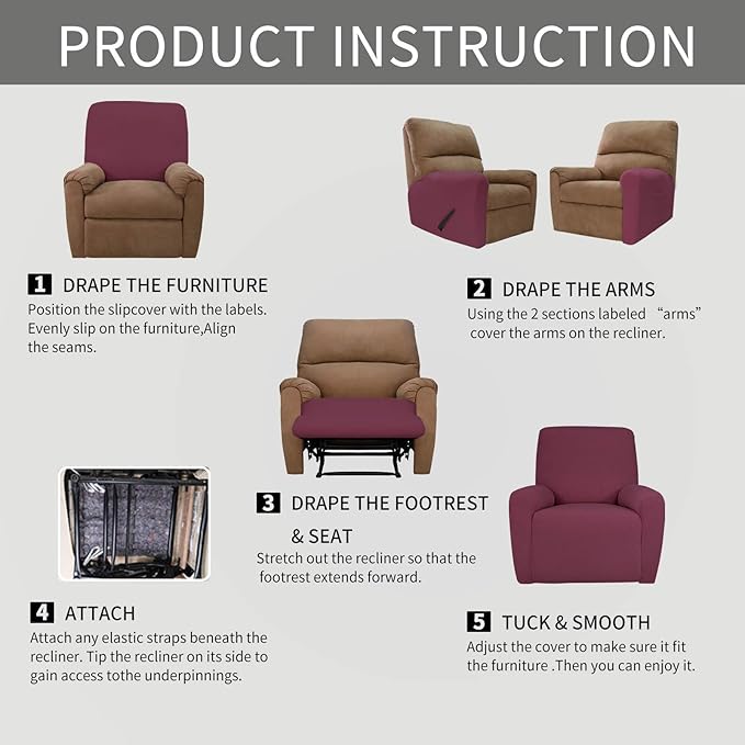 Easy-Going 4 Pieces Oversized Recliner Stretch Sofa Slipcover Sofa Cover Furniture Protector Couch Soft with Elastic Bottom Polyester Spandex Jacquard Fabric Small Checks ASHRose,X-Large