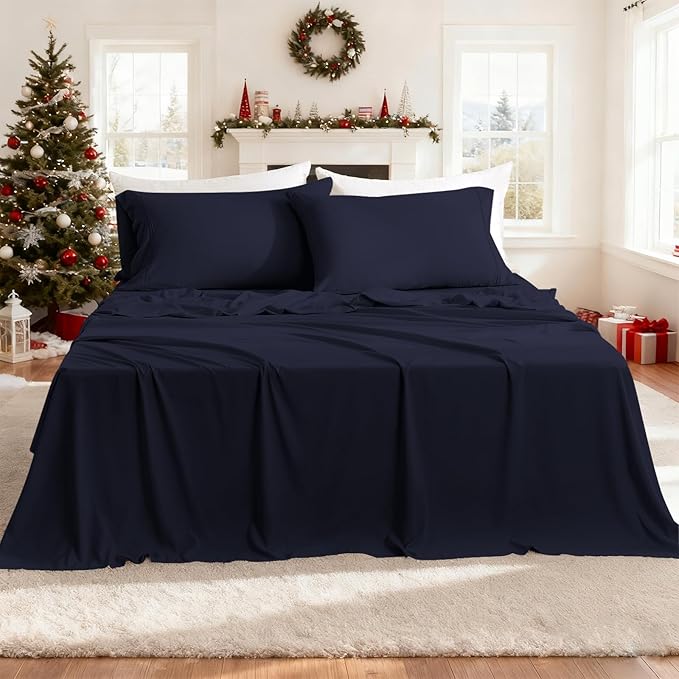 Full Size Sheet Set - 4 Piece Silky Soft Breathable Bed Sheet & Pillowcase Set, 16" Deep Pocket Hotel Luxury Wrinkle Free Easy Care Bedding Sheets, Dark Blue