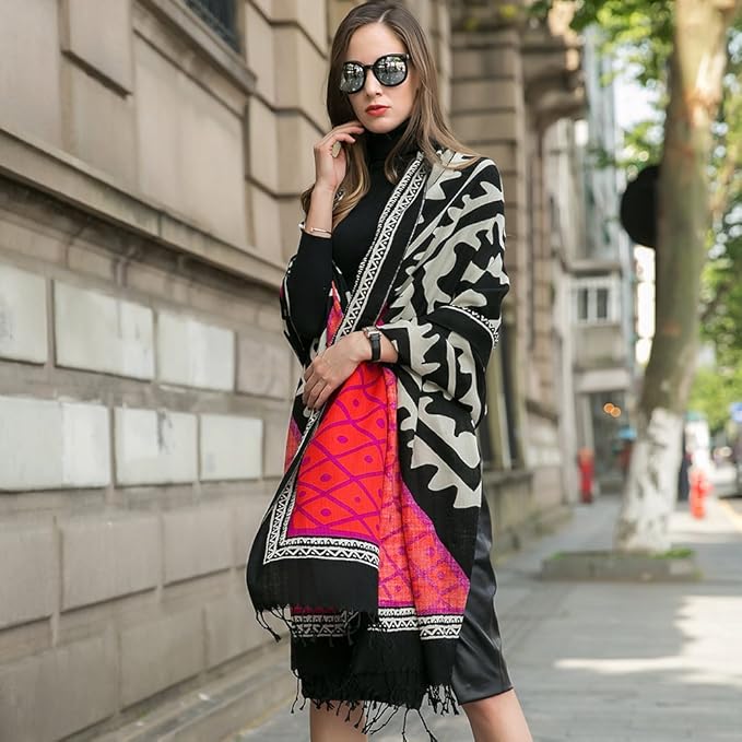 DANA XU 100% Merino Wool Extra Large Pashmina Blanket Travel Scarf Cashmere Wrap for Women Fall Winter Oversize Shawl Floral