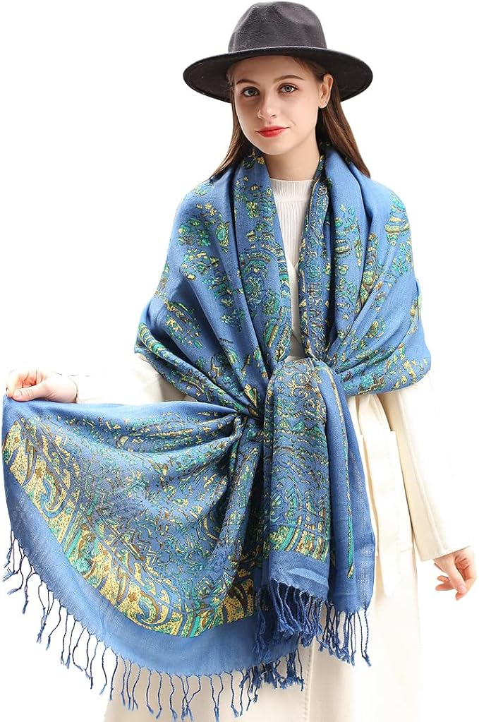 DANA XU 100% Merino Wool Pashmina Shawl for Women 96"x43", Oversized Cashmere Wrap with Tassels, Floral Travel Blanket Cape