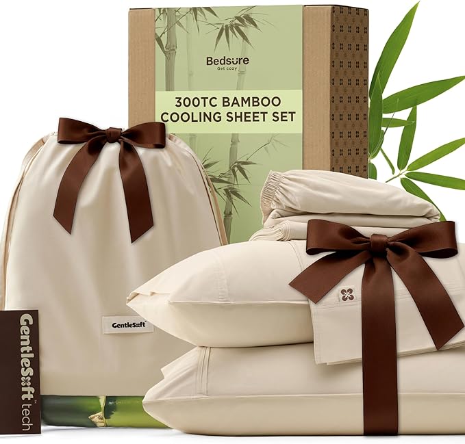 Bedsure Cooling Sheets, Rayon Derived from Bamboo & Cotton Blend, GentleSoft, Breathable, King Size Sheets Set, Deep Pocket Up to 18 Inches, Hotel Luxury Bedding for Hot Sleepers, Beige