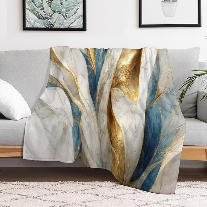 Abstract Marble Blanket, Modern Luxury Baroque Golden Blue White Stone Veins Pattern Soft Warm Cozy Plush Flannel Covers for Livingroom Bedroom Couch Chair Camping Travel Home Decor Tapestry 30x40in