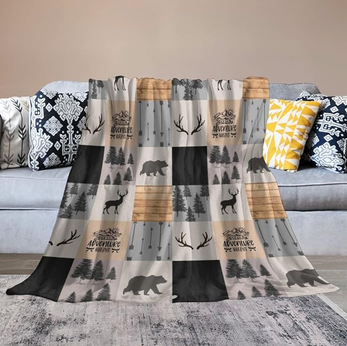 Rustic Cabin Throw Blanket, Retro Camping Bear Deer Farmhouse Wildlife Tree Forest Brown Gray Print Warm Flannel Blanket for Bedroom Camping Travel, 60"x80"