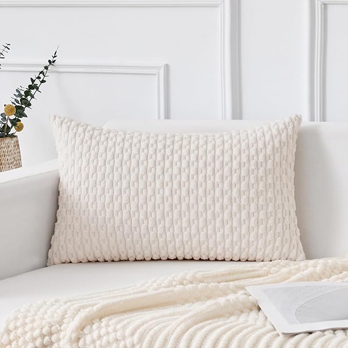 Kevin Textile 12x24 Inch Pillow Cover 1 Pack Boho Christmas Decorative Soft Striped Corduroy Lumbar Farmhouse Color Accent Rectangle Cushion Case for Living Room Couch Sofa Bed, Pure White