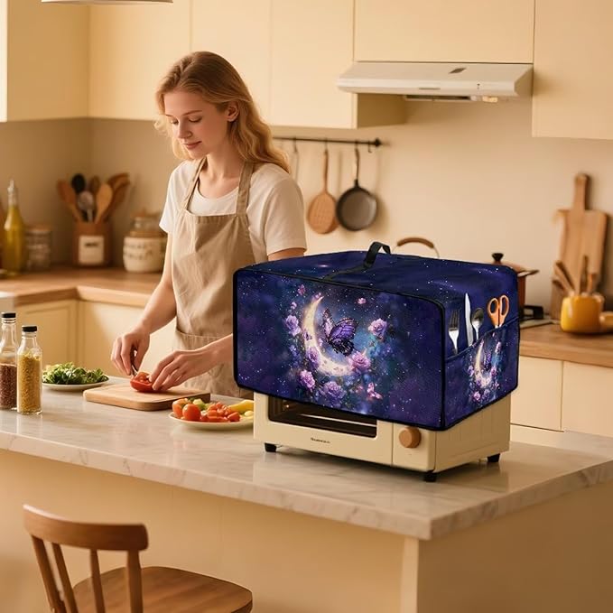 Gorgeous Butterfly Rose Moon Print Microwave Oven Cover Dust-Proof Microwave Oven Grill Cover Protector Kitchen Appliance Protector Dirt and Fingerprint Protection, M