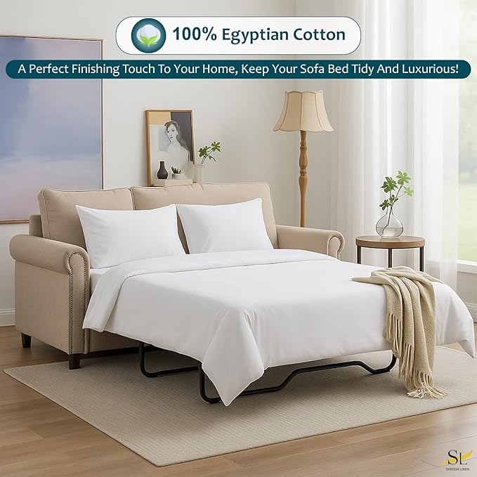 Sleeper Sofa Bed Sheet Set – Full Size, 100% Cotton, 338 Thread Count – 4-Piece Sofa Bed Sheets – Fits Mattresses Up to 6” Deep – Soft & Durable Pull-Out Couch Sheets (White Solid)