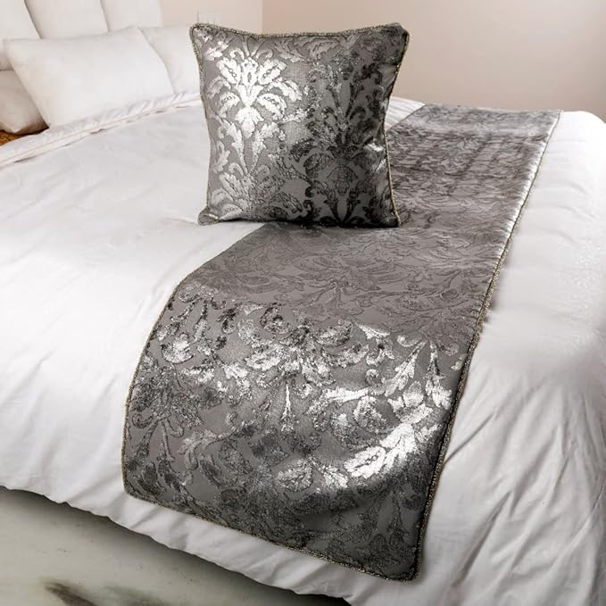 The HomeCentric Silver Bed Runner Without Pillow Cover, Queen Size 74"x18" Decorative Bed Runner, Silver & Grey Velvet Bed Scarf in Foil Velvet Bead Border - Silver Glitterati