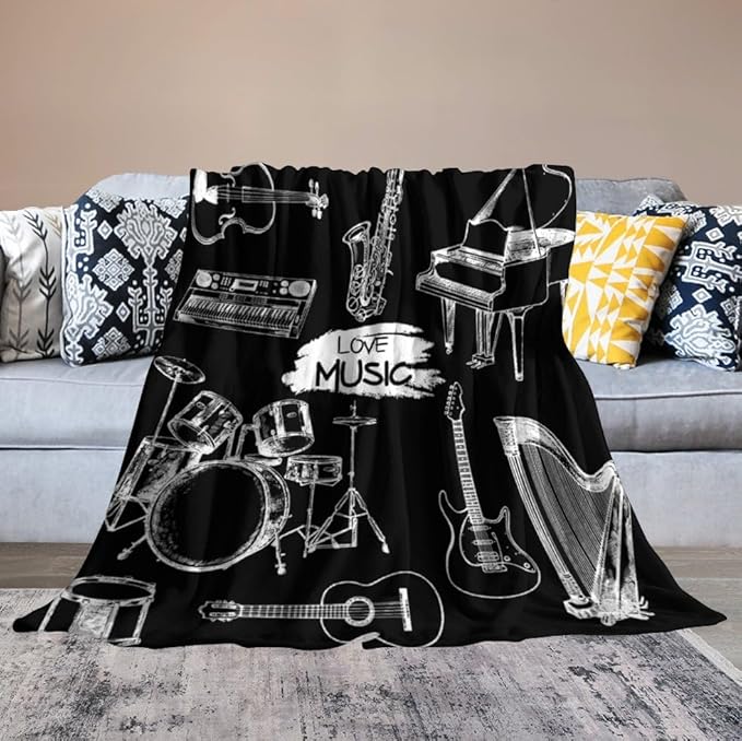 Music Blanket Drums Piano Guitar Black White Abstract Art Printed Soft Cozy Lightweight Throw Blanket for Kids Girls Boys Women Bedroom Living Room Dorm Chair Sofa Travel 50x60in