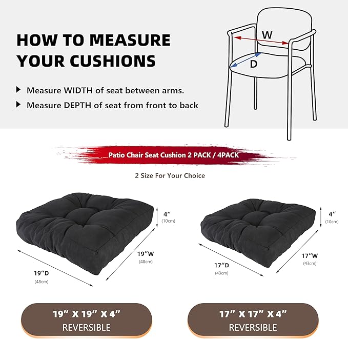 RACE LEAF Patio Chair Cushions 17x17 Inch 4 Pack, Memory Foam Outdoor Cushions Water Resistant Non-Slip Tufted for Garden Chair (Black)
