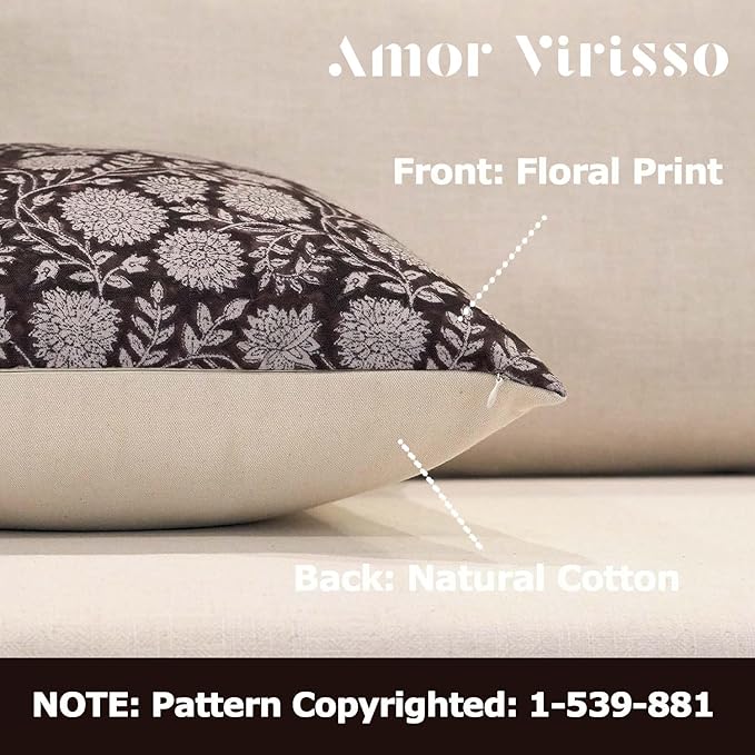 Amor Virisso Floral Throw Pillow Covers 18x18 Block Print Pillow Covers Vintage Neutral Couch Pillows for Living Room Farmhouse Decorative Accent Sofa Pillows, Black