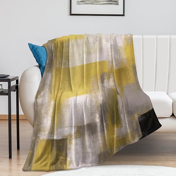 Abstract Gradient Blanket, Modern Fashion Art Yellow Grey Painting Strokes Pattern Soft Warm Cozy Plush Flannel Covers for Livingroom Bedroom Couch Chair Camping Travel Home Decor Tapestry 60x80in