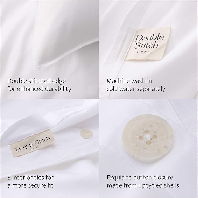 Double Stitch Cotton Tencel Duvet Cover - Queen Size Comforter Cover, Luxury & Soft Eucalyptus Lyocell Bedding Set for Hot Sleepers, Cooling & Breathable, Button Closure, Bright White, 90"x90"