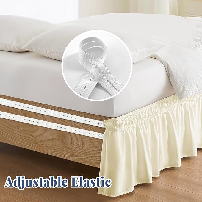 King Bed Skirt, Elastic Wrap Around Bed Skirt King Size, Bed Skirts for Adjustable Bed, Easy Fit with 14" Drop Length Tailored Drop Dust Ruffle (Light Yellow)