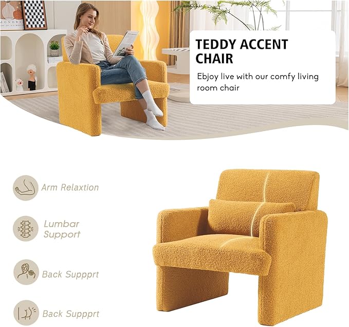 Gaussen Mid Century Modern Accent Chair - Sherpa Upholstered Armchair with Pillow, Oversized & Comfy for Living Room, Bedroom, Office, Cafe (Summer)