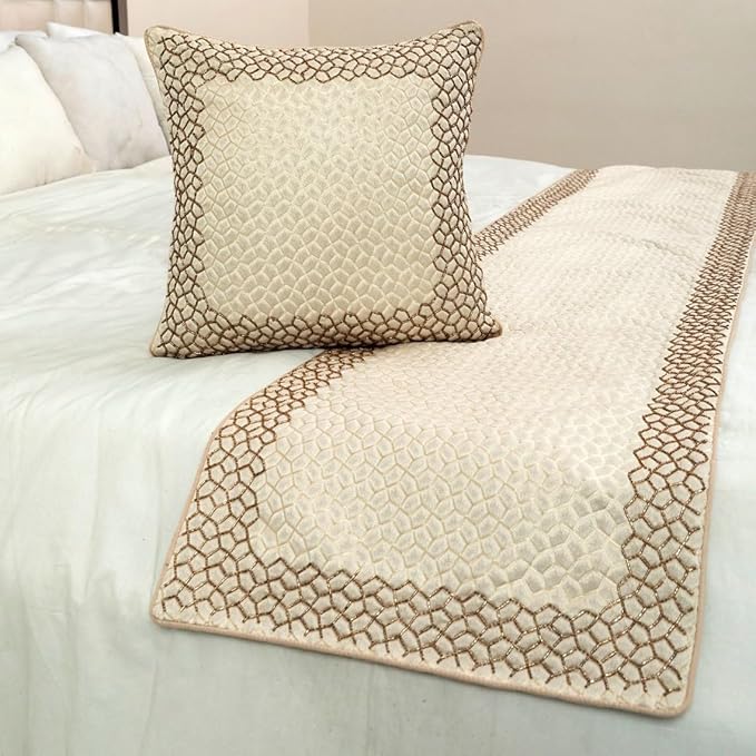 The HomeCentric King/Queen/Twin Ivory & Gold Decorative King 90"x18" Bed Runner Without Pillow Cover, Mosaic & Beaded Bed Scarf on Jacquard Fabric - Tessellation