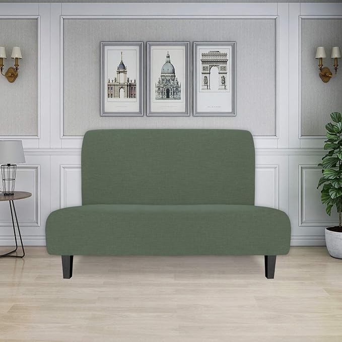 Easy-Going Stretch Futon Slipcover Armless Futon Bed Cover Furniture Protector Without Armrests with Elastic Bottom for Kids, Soft Jacquard Fabric Small Checks (Medium, Greyish Green)